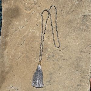SILVER TASSLE NECKLACE WITH BEADED STRAND GOLD ACCENT